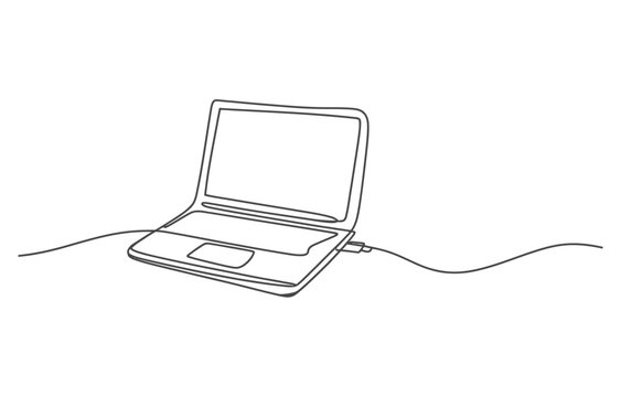 Continuous one line drawing of a laptop computer with a screen and keyboard area