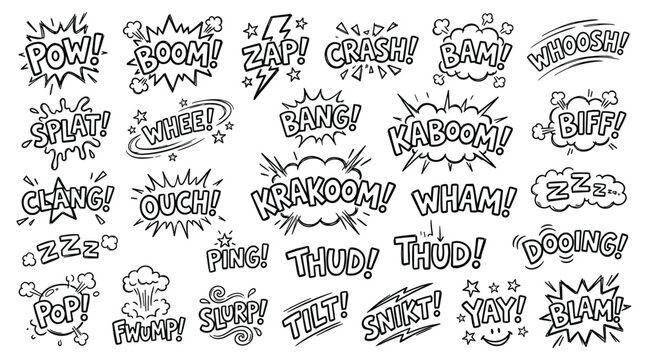 Collection of comic book sound effect words and onomatopoeia in a hand drawn sketch style for graphic design and illustration