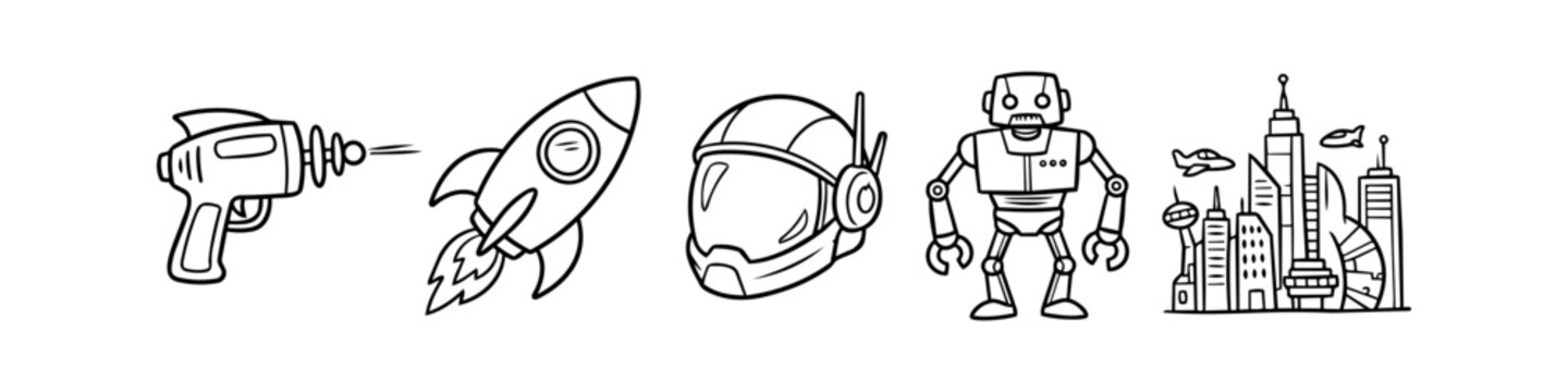 Set of retro science fiction hand-drawn doodle icons including a rocket, robot, space helmet, ray gun, and futuristic city skyline in black line art style on a white background.