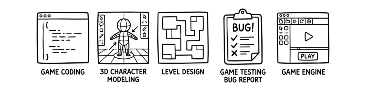 Vector set of hand-drawn doodle icons for game development: coding, 3D character modeling, level design, bug testing, and game engine interface. Sketchy black and white style for tech concepts.