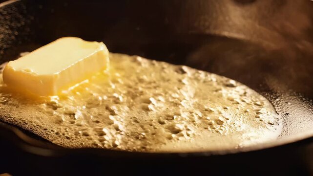 Close up of a golden butter pat melting and sizzling in a hot cast iron skillet creating a rich bubbly texture