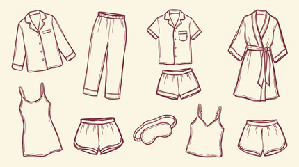 Naklejka premium Collection of comfortable sleepwear and loungewear items in a hand drawn sketch style on a light background