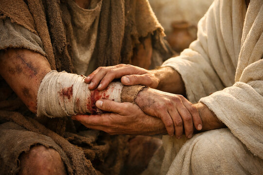  Helping Hand Touching Wounded Arm Good Samaritan Biblical Concept.