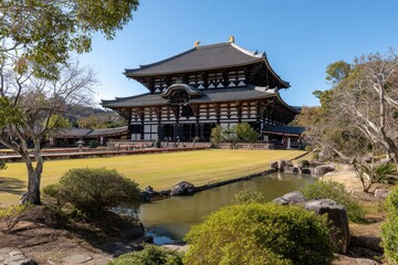 Fototapeta premium Grand Traditional Japanese Temple Architecture with Detailed Roof and Ornate Wooden Structure Set in a Lush Garden with a Serene Pond Under a Clear Blue Sky