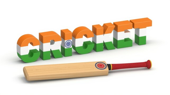 A cricket bat and the word cricket in indian flag colors isolated on white background