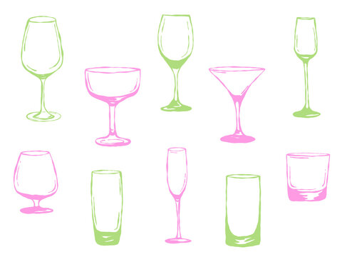 Colorful glassware set in green and pink, modern drink glasses collection, vibrant cocktail and wine glasses illustration