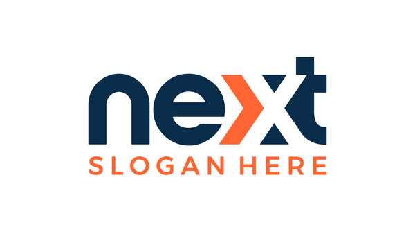 Unique next logo design template illustration. Next logo lettering typography concept vector design with arrow icon graphic symbol with creative negative space