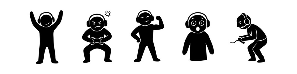 A set of black silhouette icons depicting various gamer emotions and reactions, from victory and anger to surprise and intense focus. Ideal for gaming and e-sports content. © Nort Kor