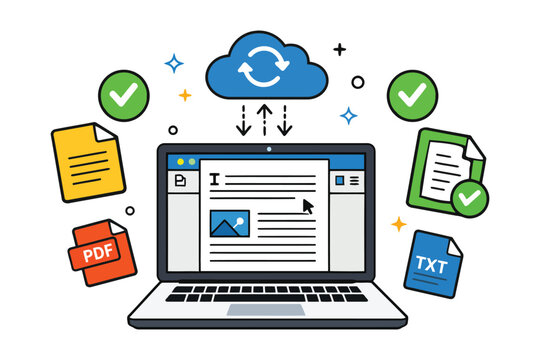 An illustration showing a laptop computer syncing various document file types to a cloud server