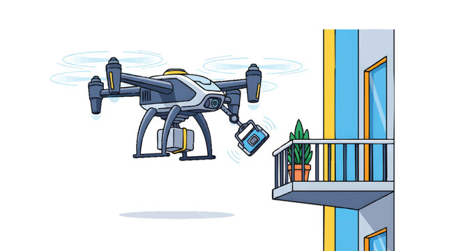 Drone delivering package to apartment balcony with plant