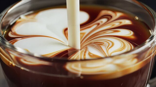 Cream poured into dark coffee creating latte swirl pattern close up macro shot slow motion beverage preparation