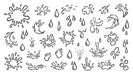 Obraz premium Collection of hand-drawn water splashes and drops in a sketchy artistic style representing liquid motion and fluidity
