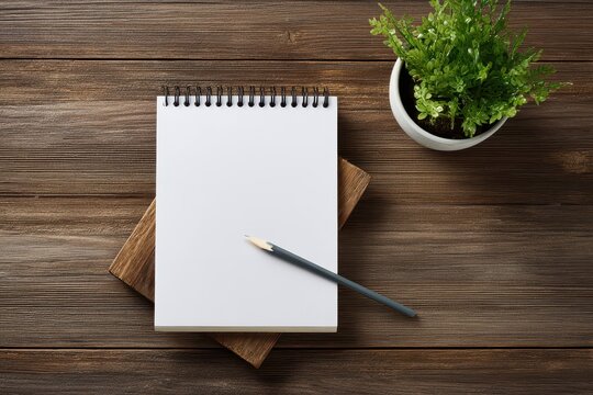 Top View Of Blank Spiral Notebook With Pencil And Potted Plant On Rustic Wooden Table Desk Overhead Shot Detailed Texture