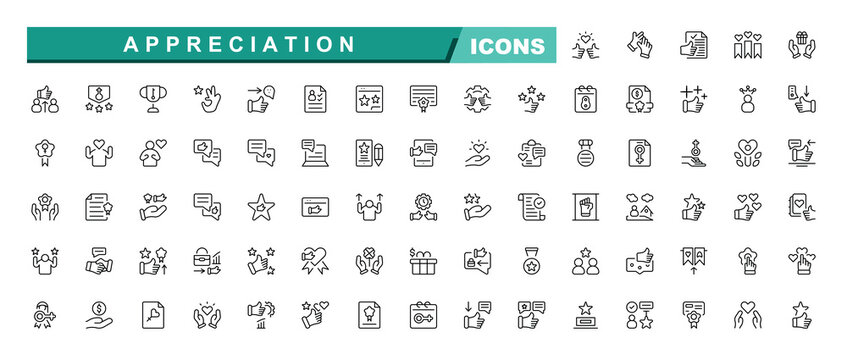 Appreciation line icon set. Opinion line icon set. Minimal icons collection. Contain linear sign testimonial, comment, loyalty, survey, review and more. Editable stroke. Vector collection.