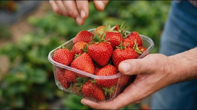 Hands picking fresh red strawberries into a transparent plastic container, in a berry field, summer harvest scene, healthy eating, farm fresh.
