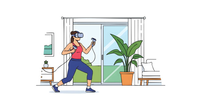 woman wearing VR headset running in living room with controllers