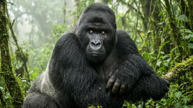 African silverback gorilla sits on a branch in a verdant forest, surrounded by misty greenery, displaying strength and tranquility in its natural habitat