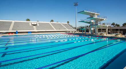 Obraz premium Outdoor swimming pool with diving platform and spectator stands. Large aquatic center under clear blue sky at daytime.