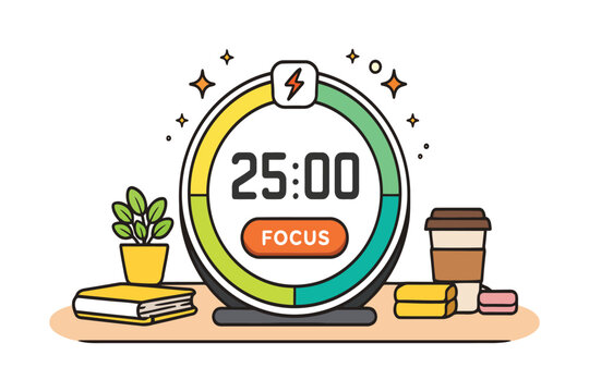 A colorful pomodoro technique timer set for twenty-five minutes sitting on a desk with accessories