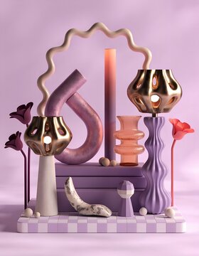 Abstract arrangement of decorative objects and flowers with still life abstract art interior design decorative elements abstract decorative arrangement sculpture composition interior