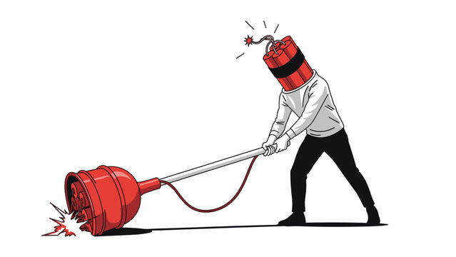 Surrealistic man with a bundle of dynamite for a head using a plunger to detonate explosives, symbolizing self-destructive stress.