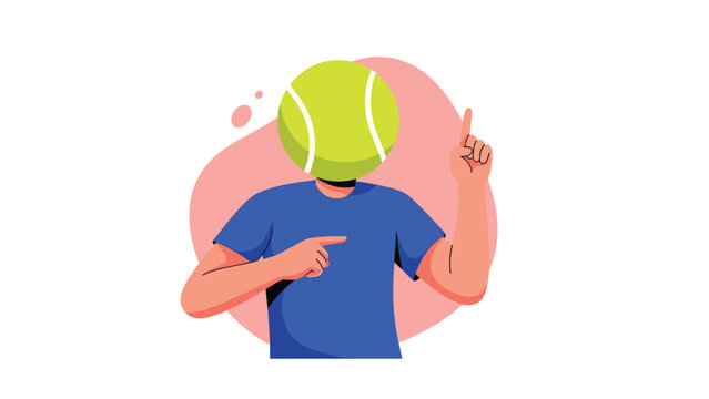 Creative illustration of a man with a large green tennis ball for a head pointing his finger upwards against a soft pink backdrop.