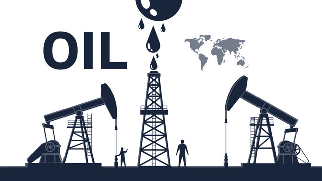 Industrial scene showing silhouettes of oil derricks and pumpjacks with workers and a world map, symbolizing global energy production.