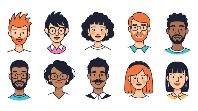 Set of ten diverse and colorful human face icons representing different ethnicities, hairstyles, and styles for various profiles.