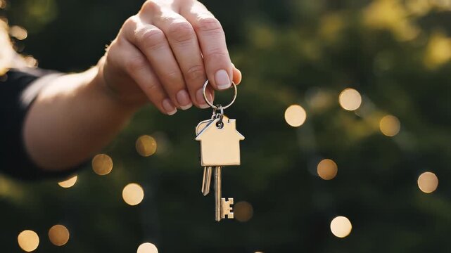 Hand holding metal house shaped key ring representing new home ownership