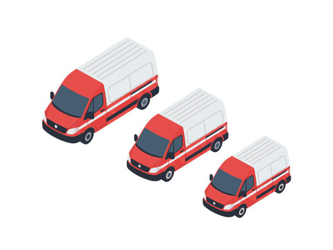 Isometric Set of Red and White Delivery Vans Isolated on White