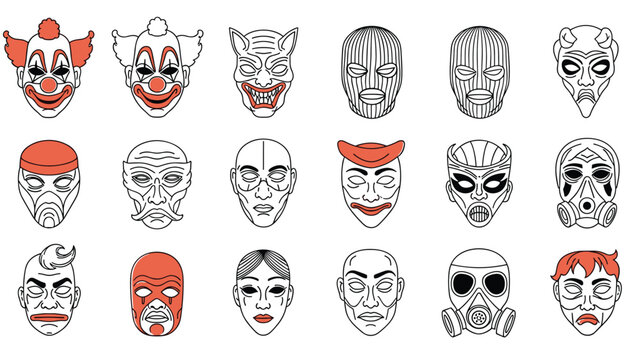 Collection of various creepy masks including clowns monsters and demons in red and black colors for horror and costume designs.