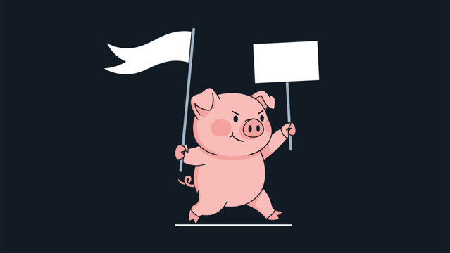 Stubborn pink pig character marching on a dark blue background holding a blank white sign and flag for customized message displays.