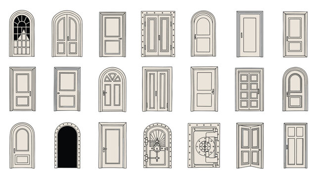Selection of diverse architectural door designs including arched and rectangular frames with decorative wood panels.