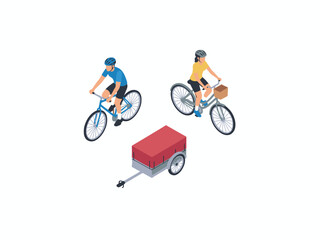Naklejka premium Isometric cyclists riding bicycles with cargo trailer set