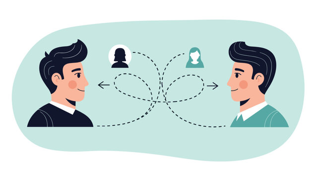 Conceptual design of two men looking at each other while their thoughts about women are connected by dashed lines.