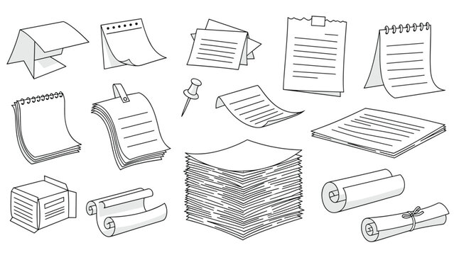 Set of various paper notes, notebooks, scrolls, and stacks of documents rendered in a simple black and white style.