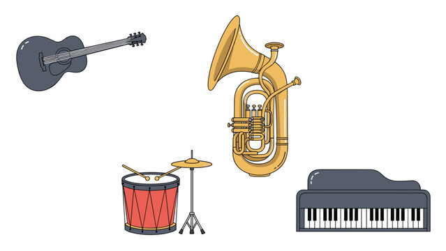 Collection of common musical instruments including a tuba, acoustic guitar, grand piano, and a red drum set.