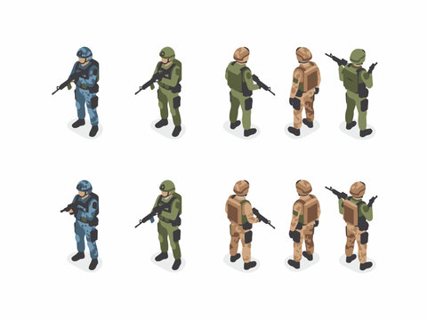 Isometric military soldier characters set in camouflage uniforms