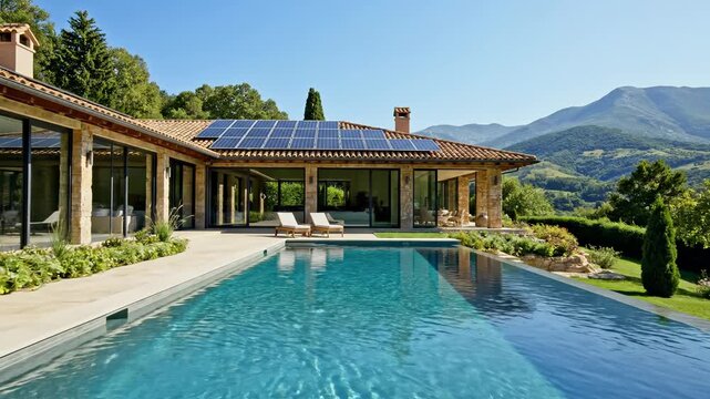 Luxury villa exterior with infinity pool and rooftop solar panels in mountain landscape