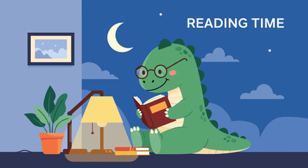 Naklejka premium Studious dinosaur wearing glasses sits on the floor and reads a book by the light of a lamp during a quiet night.