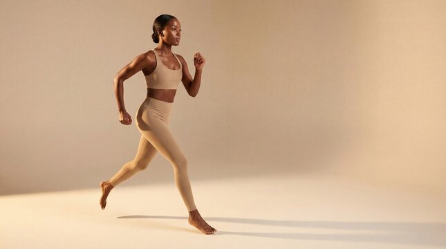 A young woman runs energetically in a beige athletic outfit. The background is a soft, neutral color, emphasizing her movement and focus on fitness.