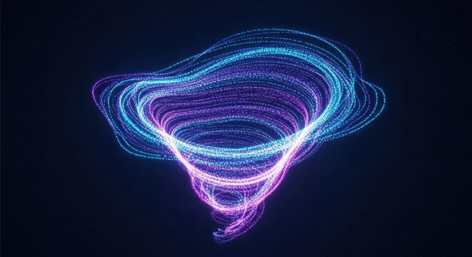 Dynamic abstract particles flowing across a deep space background, creating a glowing vortex shape suitable for science and technology themes, speed, energy, particle