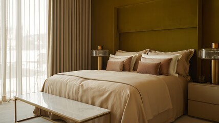 Fototapeta premium A bedroom with a large bed and green curtains