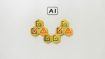 Obraz premium AI risk management and safety concept with checklist and alert icons with wooden cube on white background.