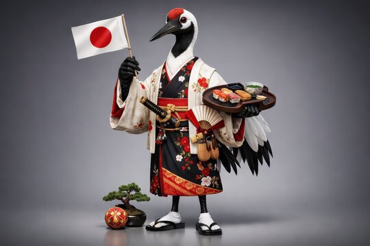 Anthropomorphic red-crowned crane dressed in an ornate traditional kimono, holding a Japanese flag and a tray of sushi, posed with bonsai and a decorative temari ball.
