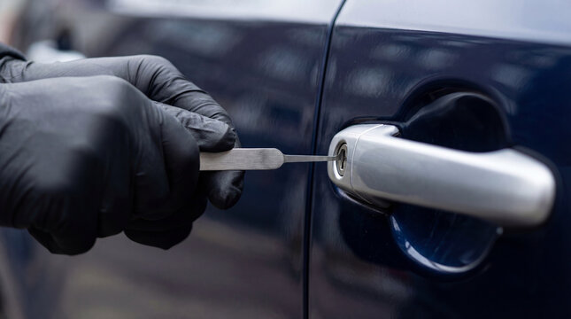 Locksmith wearing black glove using metal pick to open car door lock. Professional vehicle lockout service. Emergency car unlock assistance. Criminal thief stealing vehicle and security.