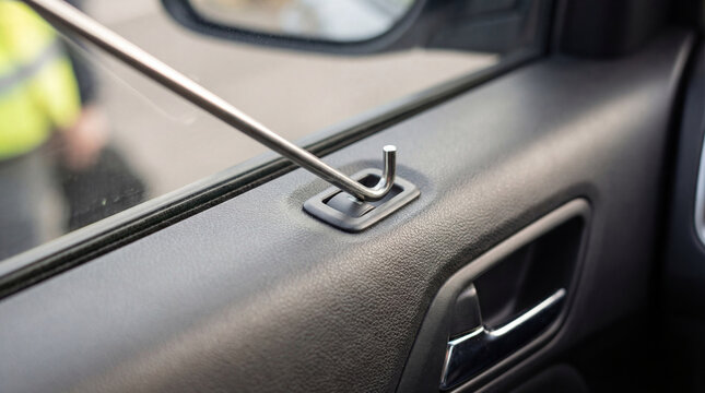 Locksmith opening car door with metallic rod tool. Emergency lockout assistance for vehicle access. Professional unlock service for automobile recovery and security technical skill.