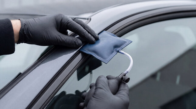 Locksmith using air wedge tool to unlock car door. Professional technician opening vehicle window with inflatable shim. Emergency automotive roadside service and manual lock picking.