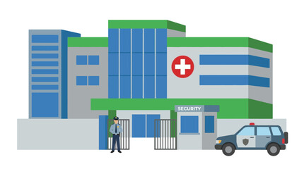 Obraz premium Modern Hospital Building with Security Personnel and Patrol Car, Representing Healthcare and Safety Measures