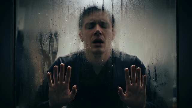 Terrified man screaming and pressing hands against foggy wet glass